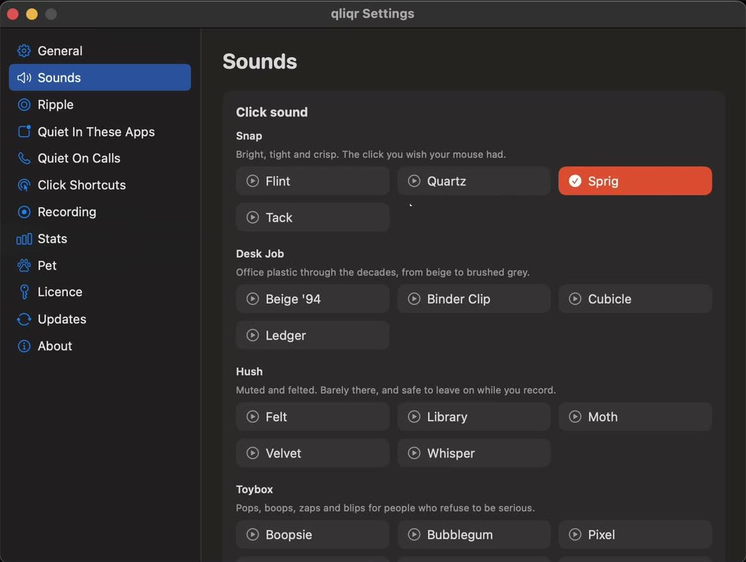 qliqr Settings, Sounds pane: click sound families Snap, Desk Job, Hush and Toybox, with the Sprig sound selected